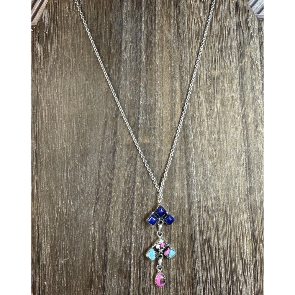 Southwest 925 Silver Cotton Candy Turquoise Lapis Lazuli Drop Necklace 20-22”